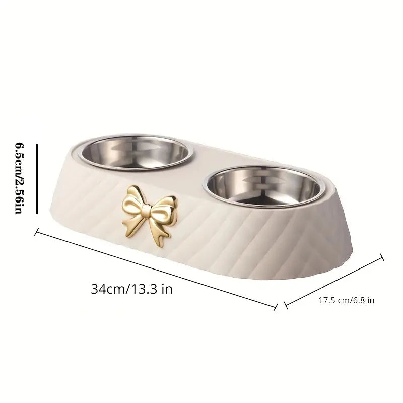 Elegant Twin Bow Pet Feeder with Stainless Steel Bowls