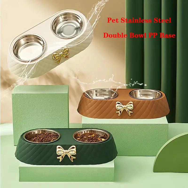 Elegant Twin Bow Pet Feeder with Stainless Steel Bowls