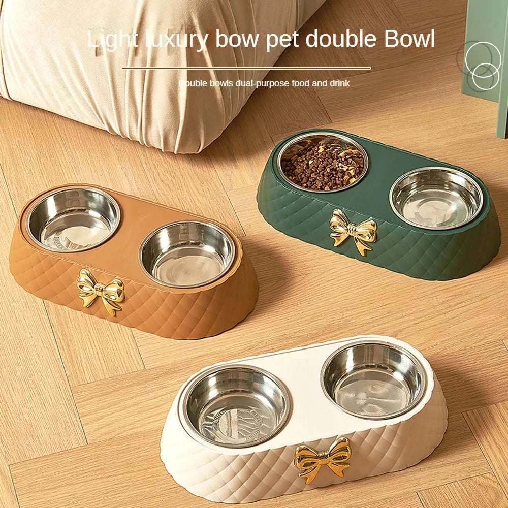 Elegant Twin Bow Pet Feeder with Stainless Steel Bowls