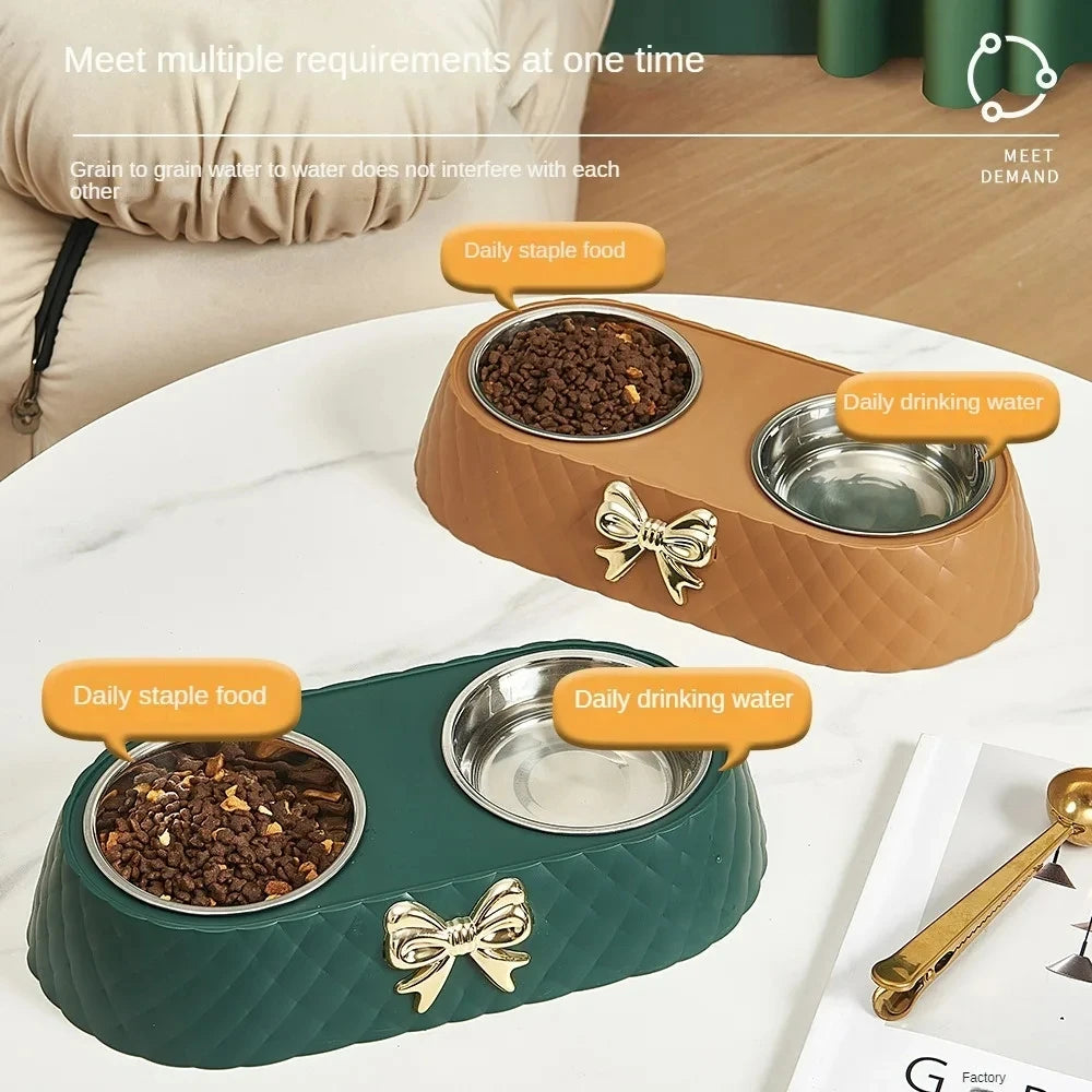 Elegant Twin Bow Pet Feeder with Stainless Steel Bowls